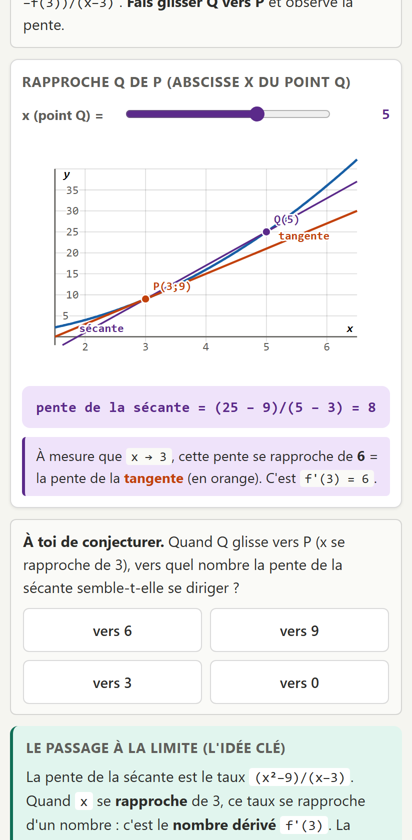 On rapproche Q de P, la tangente apparaît